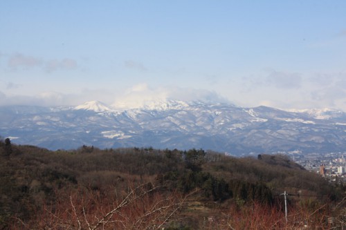 吾妻連峰も吹雪いていました。林檎の木が新芽で赤みを帯びてきていますね。